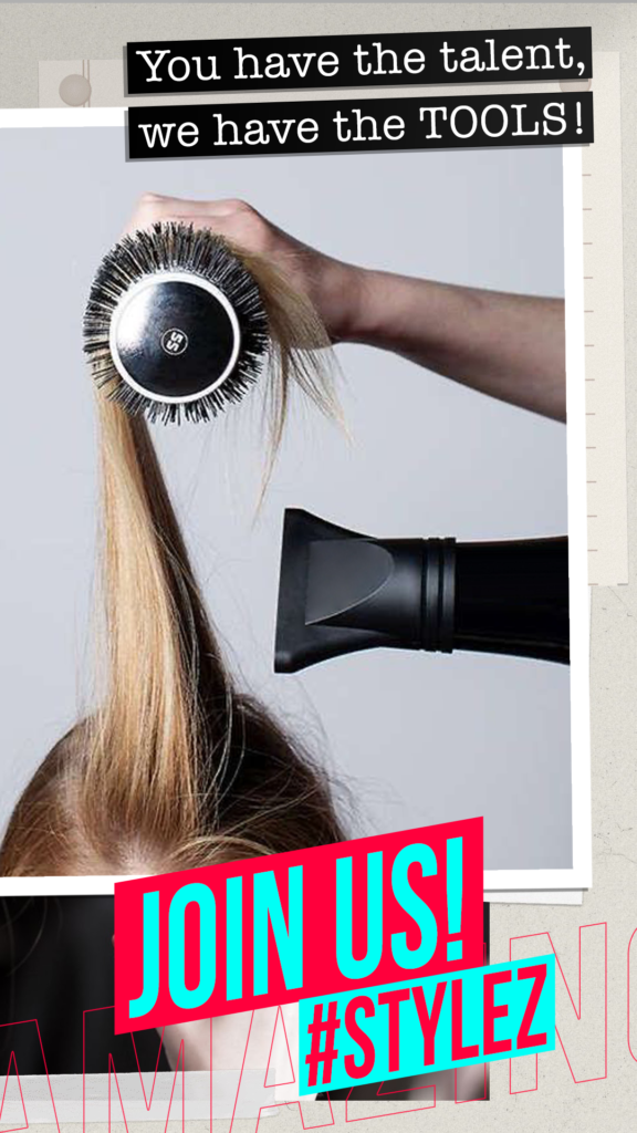 hairdresser drying hair in the salon with blow dryer visible and stylist hands creating trend
